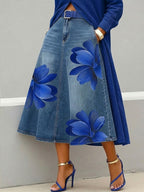Casual Artistic Floral-print A-line Denim Skirt