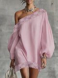 Split-Joint Solid Color Puff Sleeves Loose One-shoulder Mini Dresses