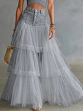 High Waist Button‑Front Denim Patchwork Tiered Tulle Maxi Skirt