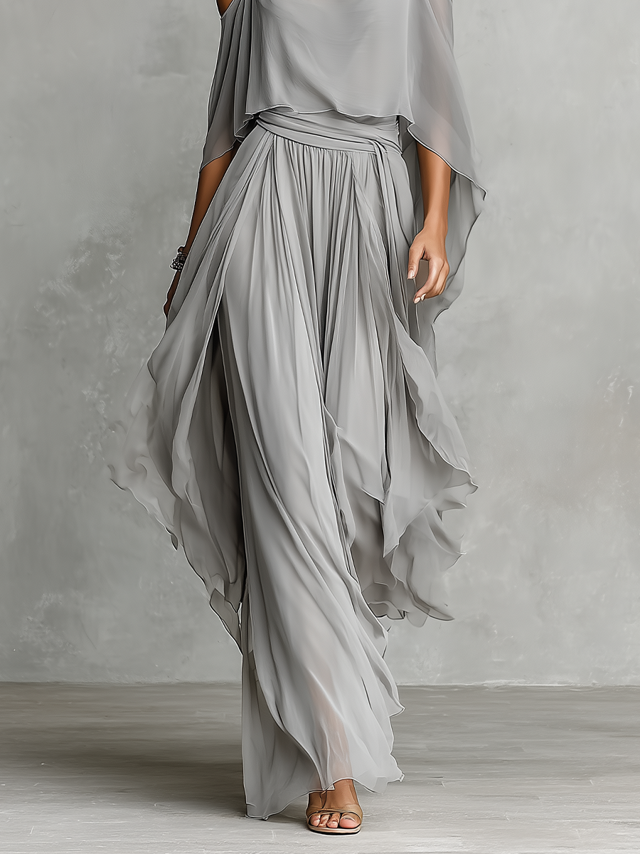 Women's Grey Breathable Chiffon Maxi Dress With Cold-Shoulder Detail & Flared Silhouette