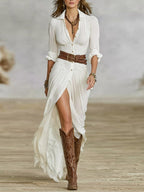 Long Belted Dress With Pleated Lapels