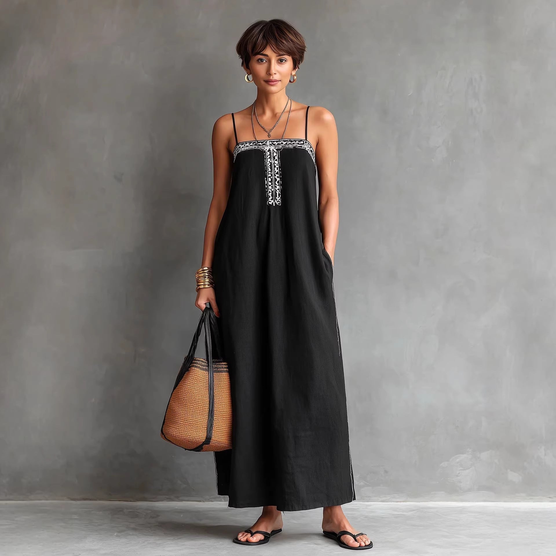 Black Embroidered Linen Maxi Dress