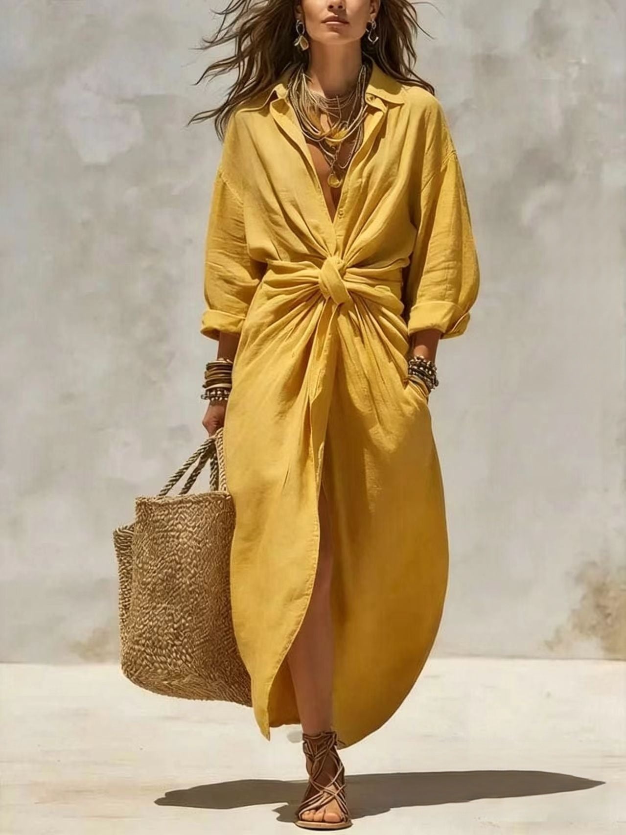 Women'S Solid Color Shirt Collar Single-Breasted Pocket Cardigan Long-Sleeved Casual Dress