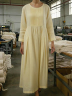 Vintage Style Pleated Cotton Linen Midi Dress