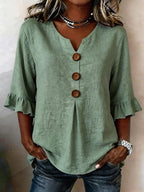 Linen Blend Notch V-Neck Ruffle Sleeve Blouse
