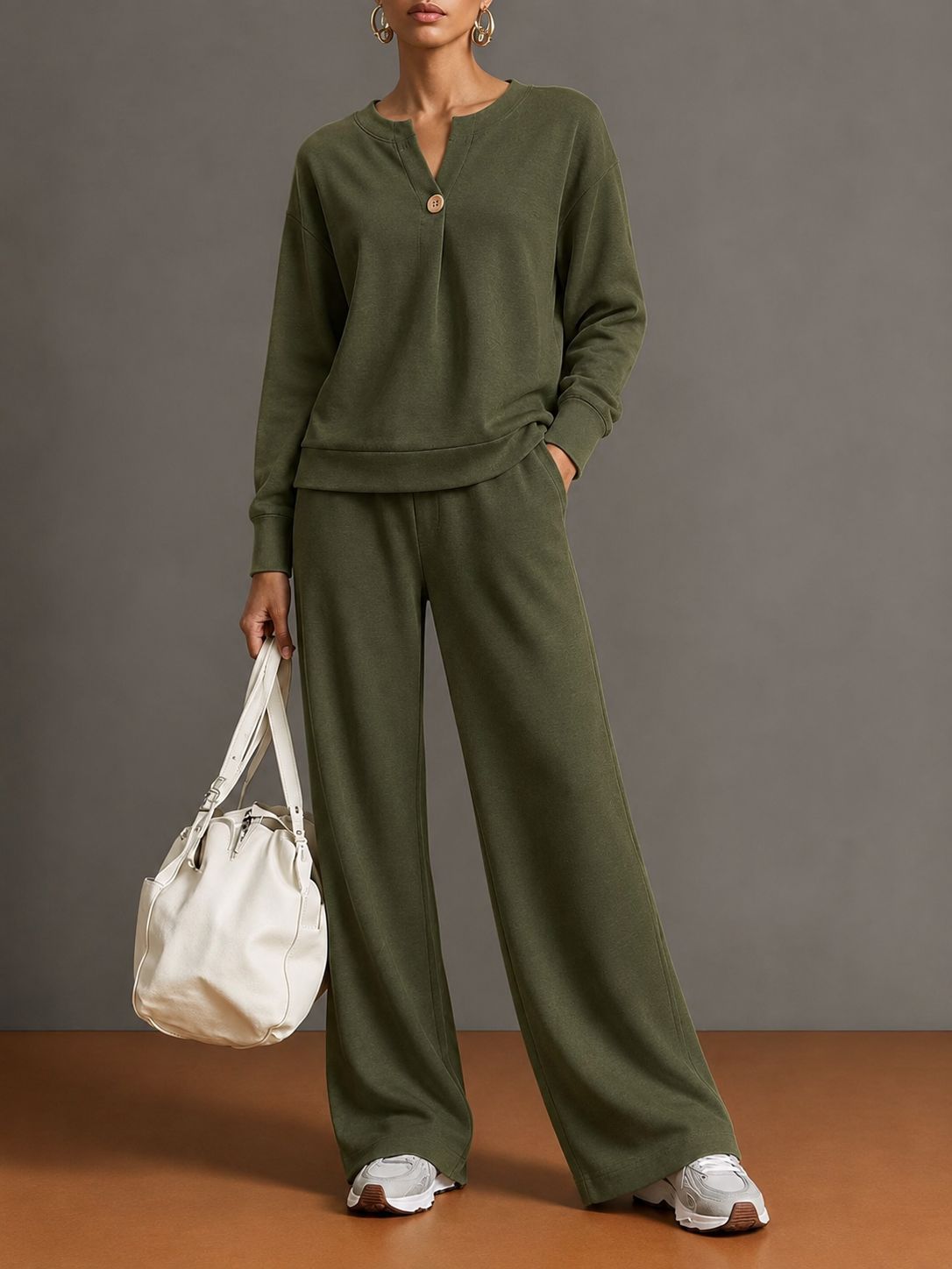 Women'S Notch‑Neck Button Long‑Sleeve Top & Wide‑Leg Pants Two‑Piece Loungewear Set