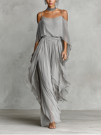 Women's Grey Breathable Chiffon Maxi Dress With Cold-Shoulder Detail & Flared Silhouette