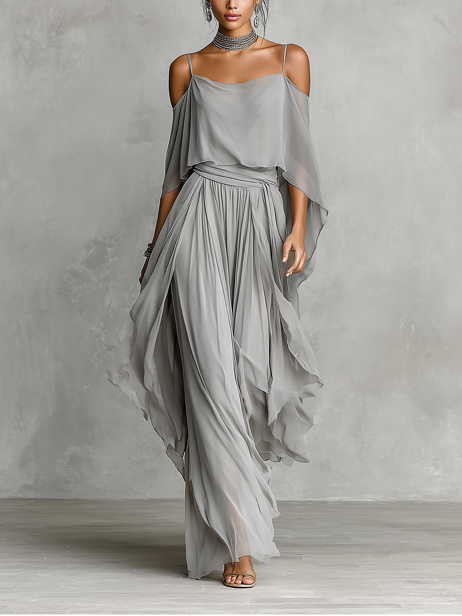 Women's Grey Breathable Chiffon Maxi Dress With Cold-Shoulder Detail & Flared Silhouette