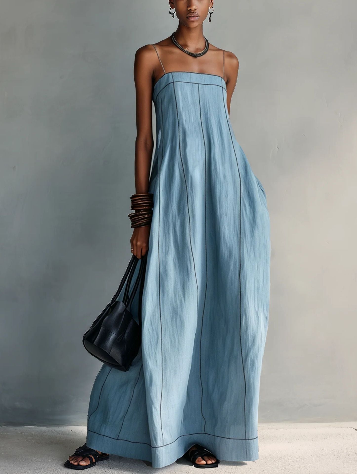 Contrast Stitch Thin Strap Straight Maxi Slip Dress