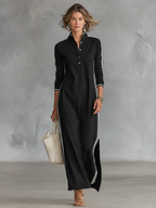 Minimalist White-trimmed Button-down Collar Sweatshirt Dress Maxi Dress