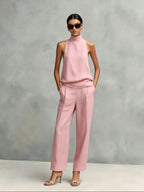 Women's Elegant Cotton And Linen Round-neck Sleeveless Top And Trousers Set