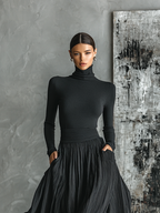 Women's Fashion All Black Skinny Turtleneck T-shirt Pleated Skirt Set