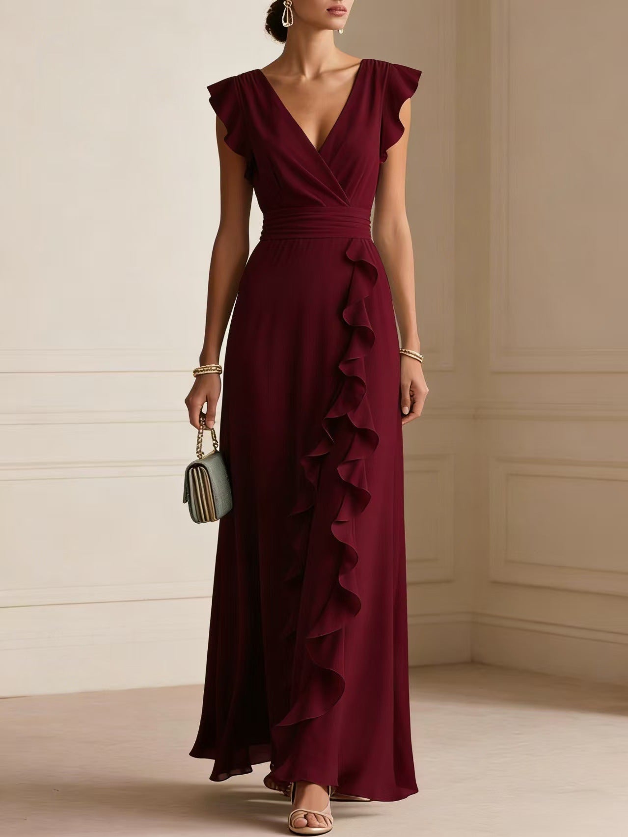 Flutter Sleeve Ruffle Maxi Dress