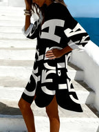 Color-Block Letter Print Loose Long-Sleeve Dress