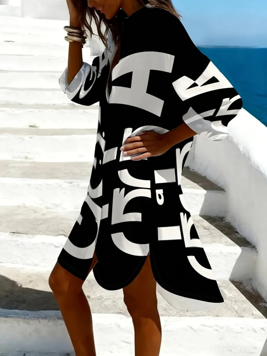 Color-Block Letter Print Loose Long-Sleeve Dress