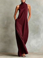 Sleeveless High Neck Linen Maxi Shift Dress
