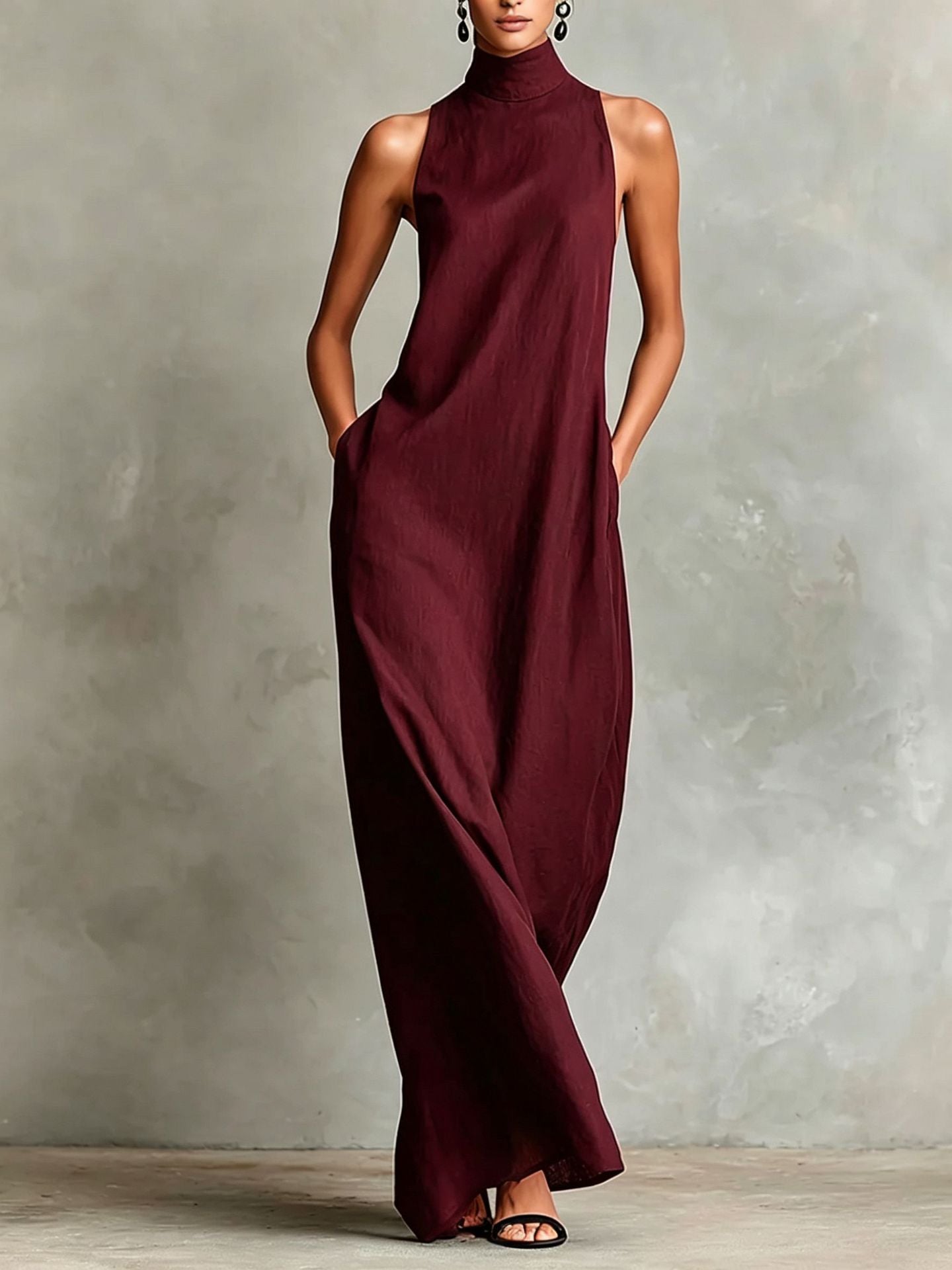 Sleeveless High Neck Linen Maxi Shift Dress