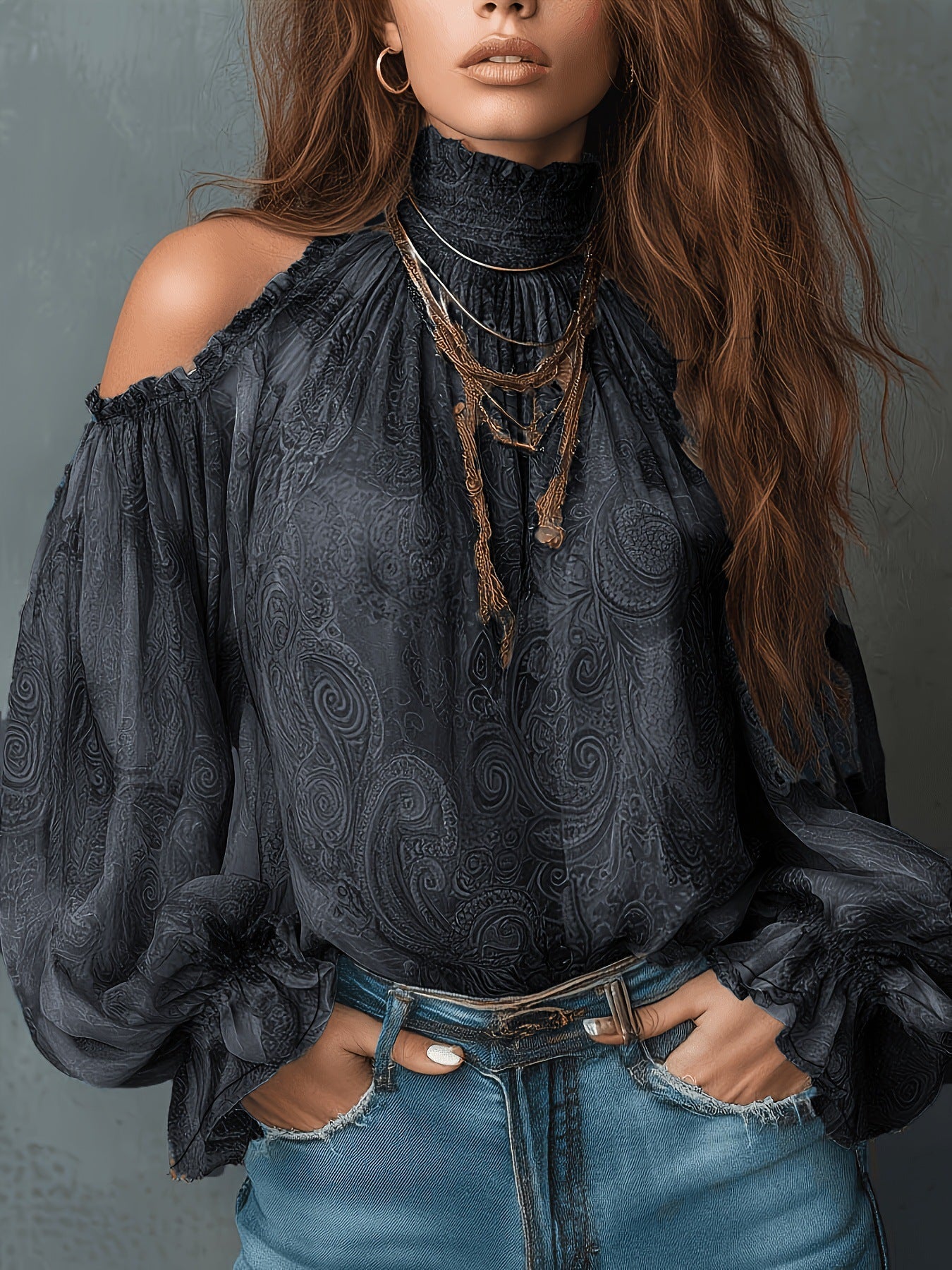 High Neck Ruffle Trim Long Sleeve Chiffon Top