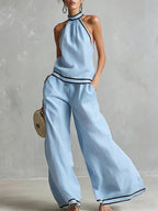 Halterneck Sleeveless Wide-Leg Pants Suit For Women