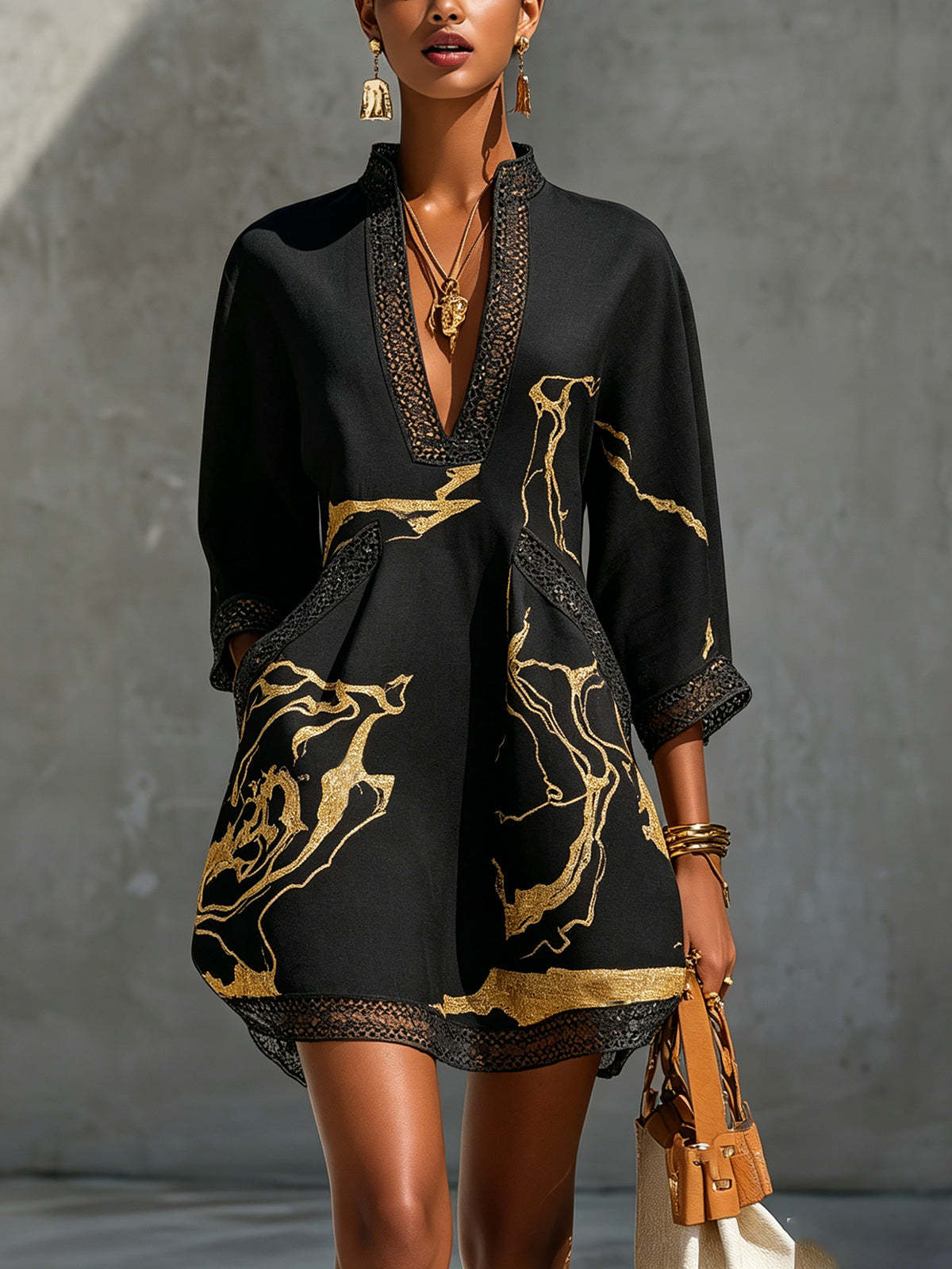 Black Gold Printed V-neck Crochet Lace Mini Dress