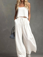 Solid Color Casual Cotton And Linen Suspender Tops Wide-Leg Pants Suit