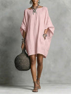 Women's Solid-color round-neck 3/4-sleeve Casual Loose Cotton-linen Dress