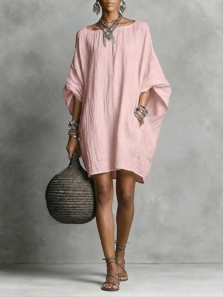 Women's Solid-color round-neck 3/4-sleeve Casual Loose Cotton-linen Dress