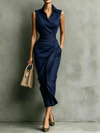 Women's Burgundy Sleeveless Wrap Shirt Midi Dress - Elegant Office & Evening Wear