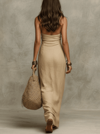 Relaxed Soft Drape Halter Column Linen Halter Maxi Dress