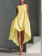 Women's White Linen Fabric Sleeveless Midi Dress With Round Neck
