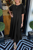 🔥Women's Solid Color Puff Sleeve Round Neck Long Dress（Buy 2 Free Shipping）