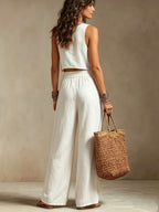 Cotton linen 2 Piece Set: Sleeveless Ruffle Tank Top & Drawstring Wide Leg Pants