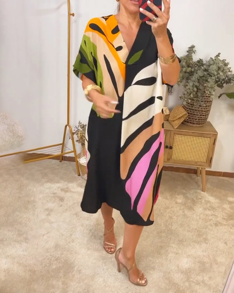 Colorful leaf print casual dress