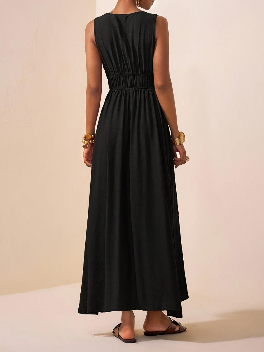 A-Line Loose Pleated Solid Color Spaghetti-Neck Maxi Dresses