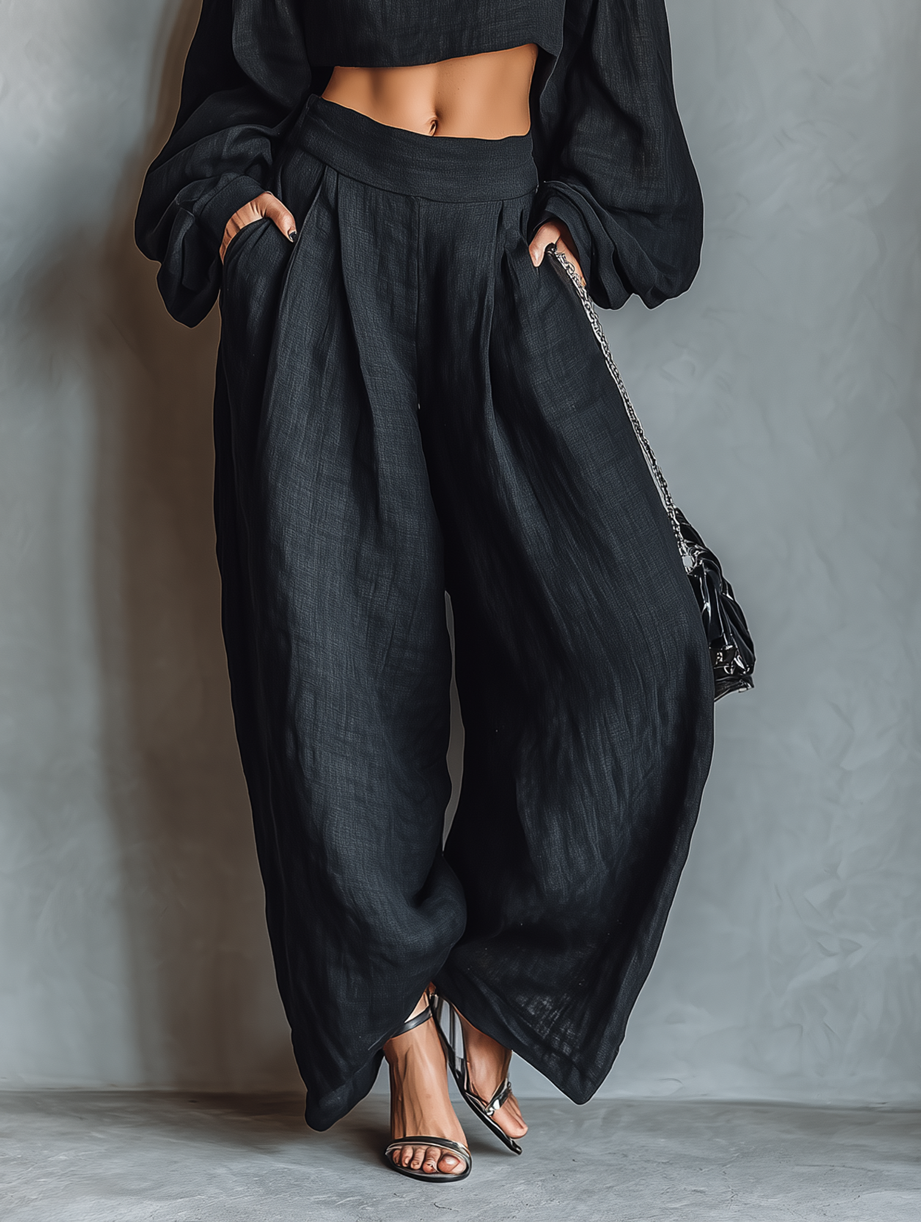 Women's Minimalist Linen Blend Strapless Long-sleeved Blouse And Wide-leg Pants Set