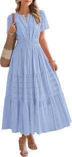 Womens Summer Lightweight Short Sleeve V Casual Midi Maxi Dresses