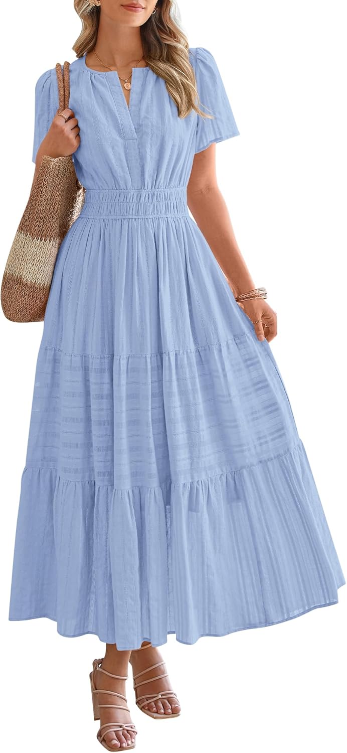 Womens Summer Lightweight Short Sleeve V Casual Midi Maxi Dresses