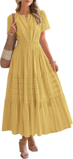 Womens Summer Lightweight Short Sleeve V Casual Midi Maxi Dresses