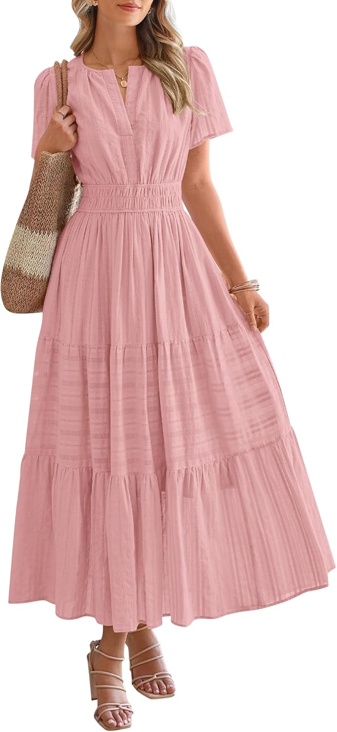 Womens Summer Lightweight Short Sleeve V Casual Midi Maxi Dresses