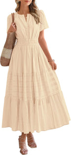Womens Summer Lightweight Short Sleeve V Casual Midi Maxi Dresses