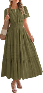 Womens Summer Lightweight Short Sleeve V Casual Midi Maxi Dresses