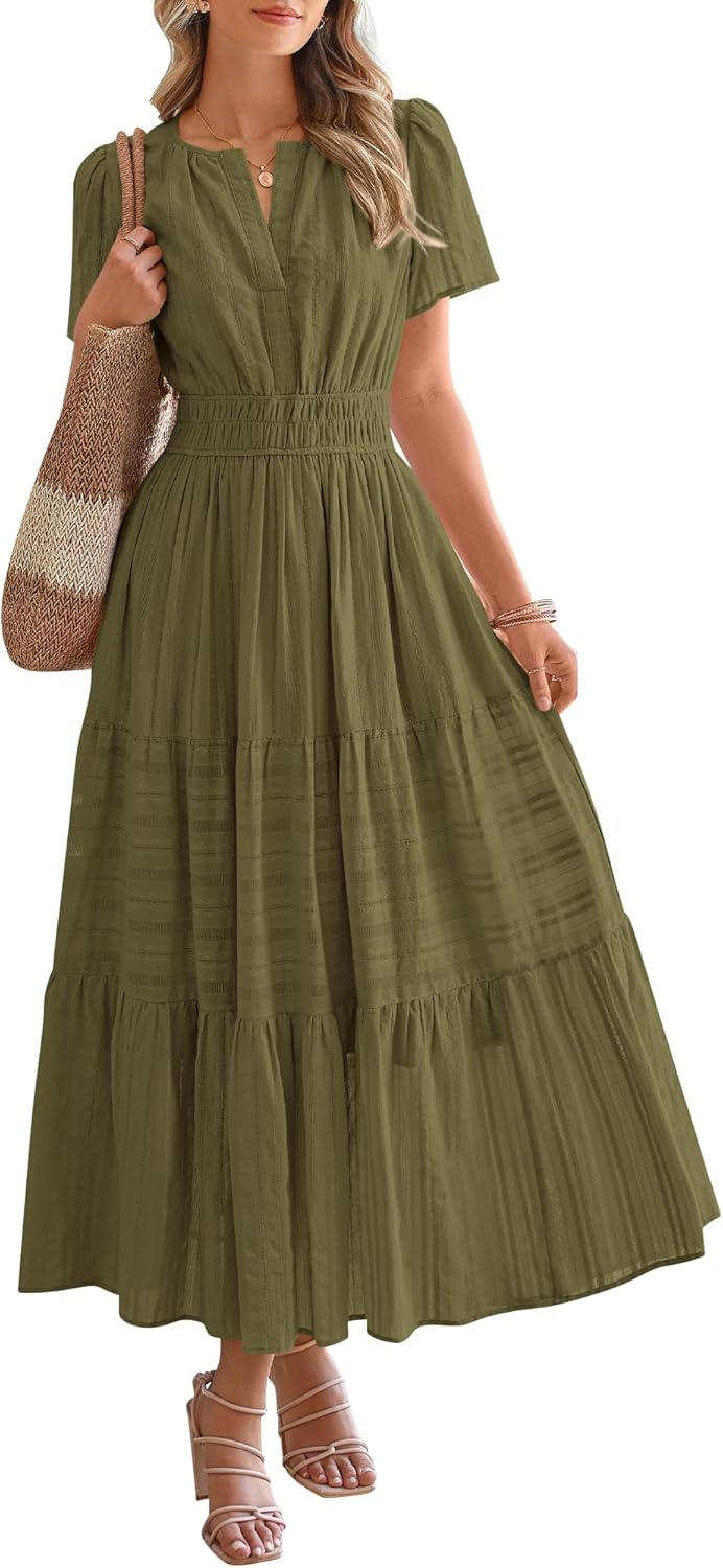 Womens Summer Lightweight Short Sleeve V Casual Midi Maxi Dresses