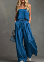 Solid Color Casual Cotton And Linen Suspender Tops Wide-Leg Pants Suit