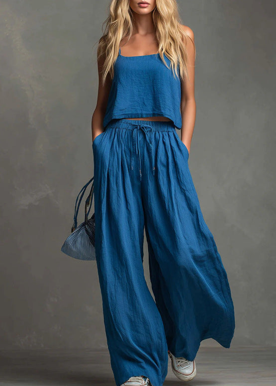 Solid Color Casual Cotton And Linen Suspender Tops Wide-Leg Pants Suit