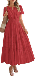 Womens Summer Lightweight Short Sleeve V Casual Midi Maxi Dresses
