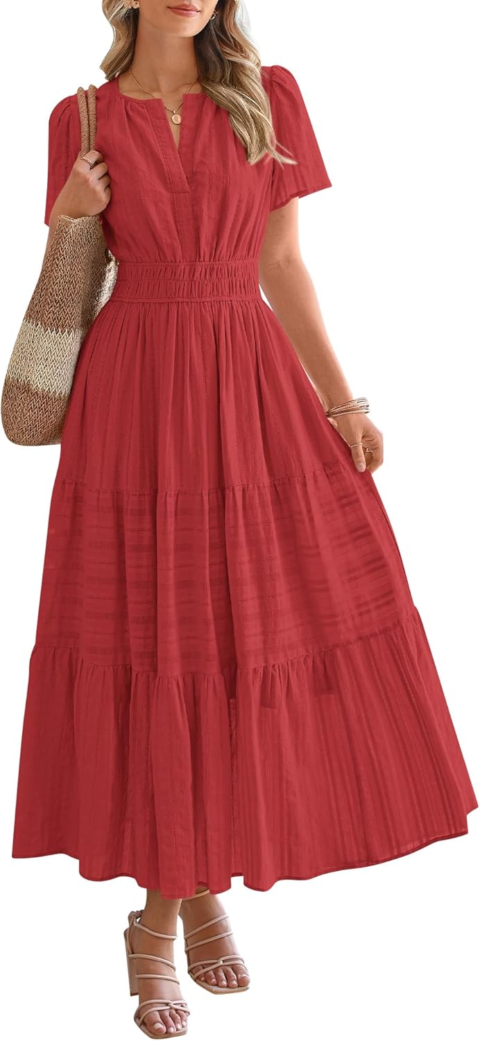 Womens Summer Lightweight Short Sleeve V Casual Midi Maxi Dresses