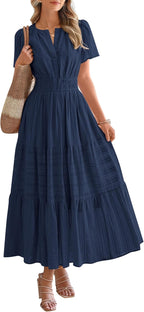 Womens Summer Lightweight Short Sleeve V Casual Midi Maxi Dresses