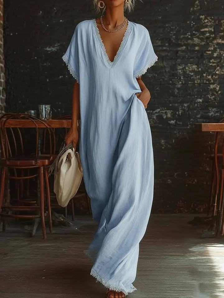 Casual Bohemian Urban V-neck Short-sleeved Lace Trim White Cotton Maxi Dress