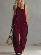 Women's Contrast Color Sleeveless Jumpsuit - Sporty Wide Leg with Zipper Detail (S-2XL)