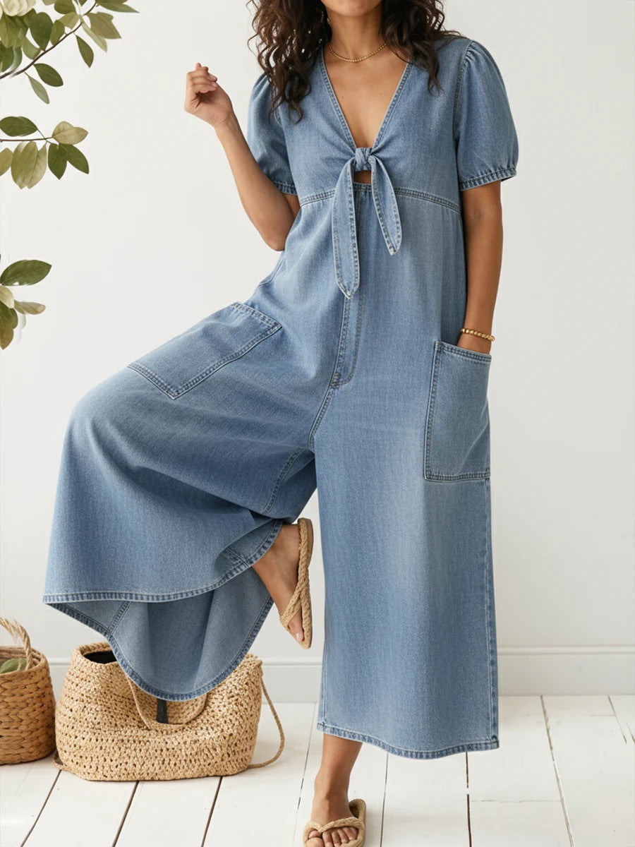 Light Wash Tie-Front Denim Wide-Leg Jumpsuit